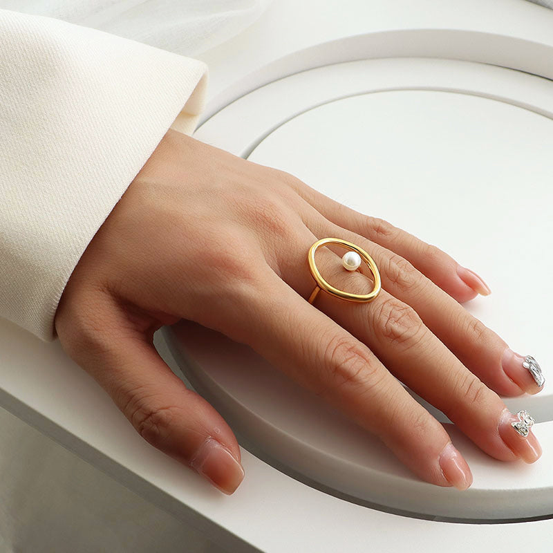 Women's Minimalist Open Circle Ring with Pearl
