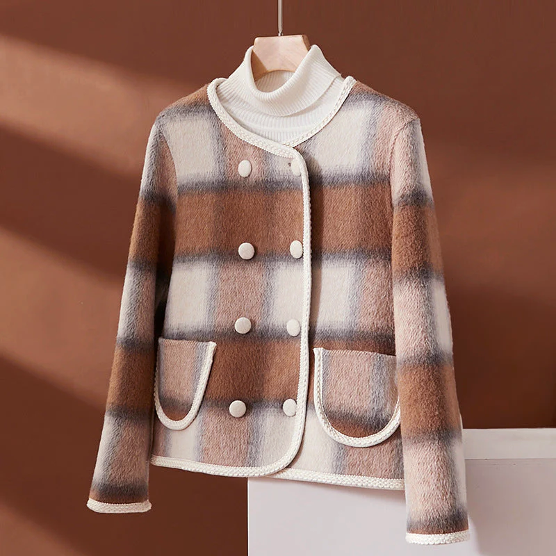 Women's Plaid Wool Blend Short Jacket with Contrast Edging
