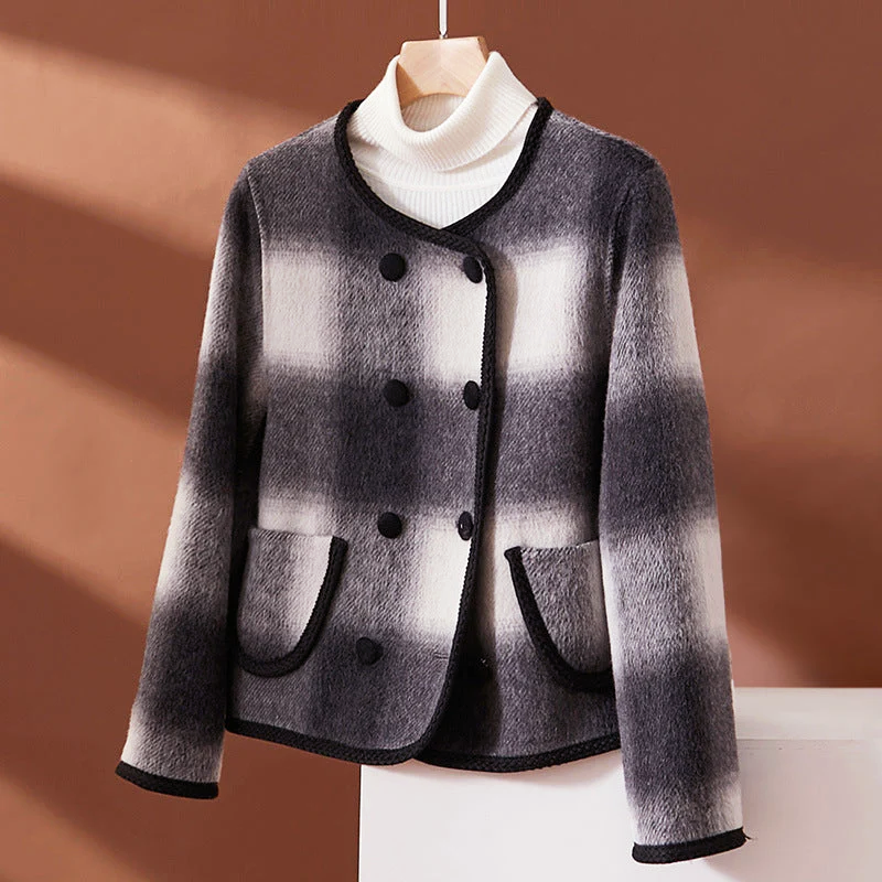 Women's Plaid Wool Blend Short Jacket with Contrast Edging