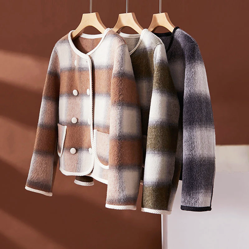 Women's Plaid Wool Blend Short Jacket with Contrast Edging