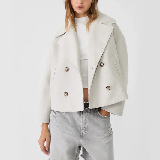 Women’s Short Double-Breasted Coat with Wide Lapel Collar