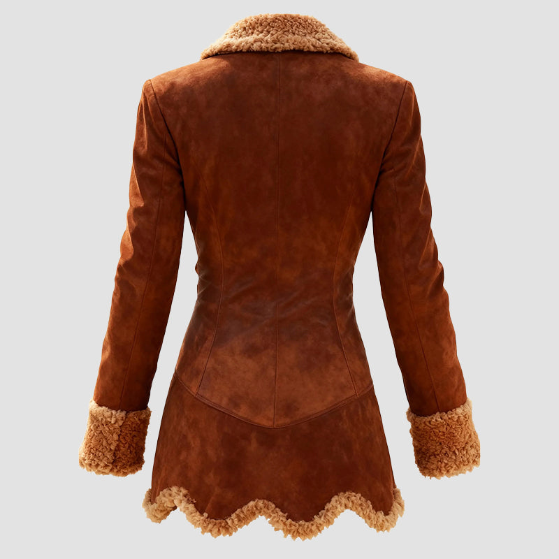 Women’s Tailored Suede Coat with Fur Collar and Cuffs