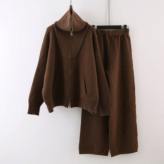 Co-ord Knit Set with Zip-Front Cardigan and Wide-Leg Pants for Women