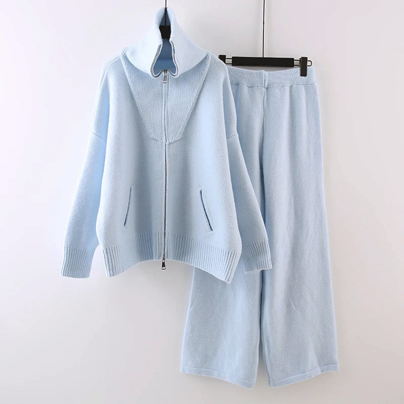 Co-ord Knit Set with Zip-Front Cardigan and Wide-Leg Pants for Women
