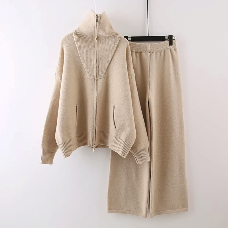 Co-ord Knit Set with Zip-Front Cardigan and Wide-Leg Pants for Women