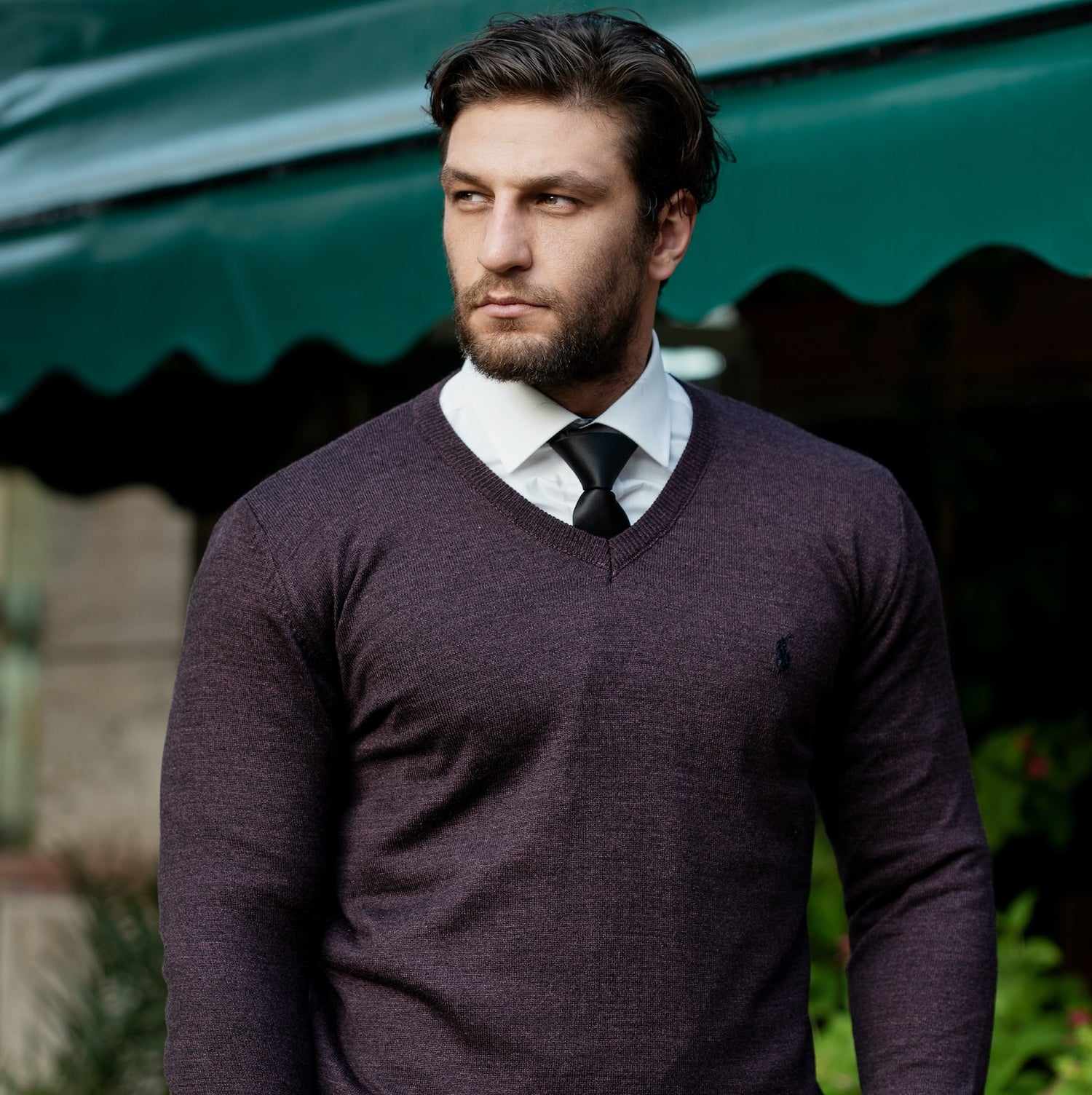 a man in formal outfit with purple sweater