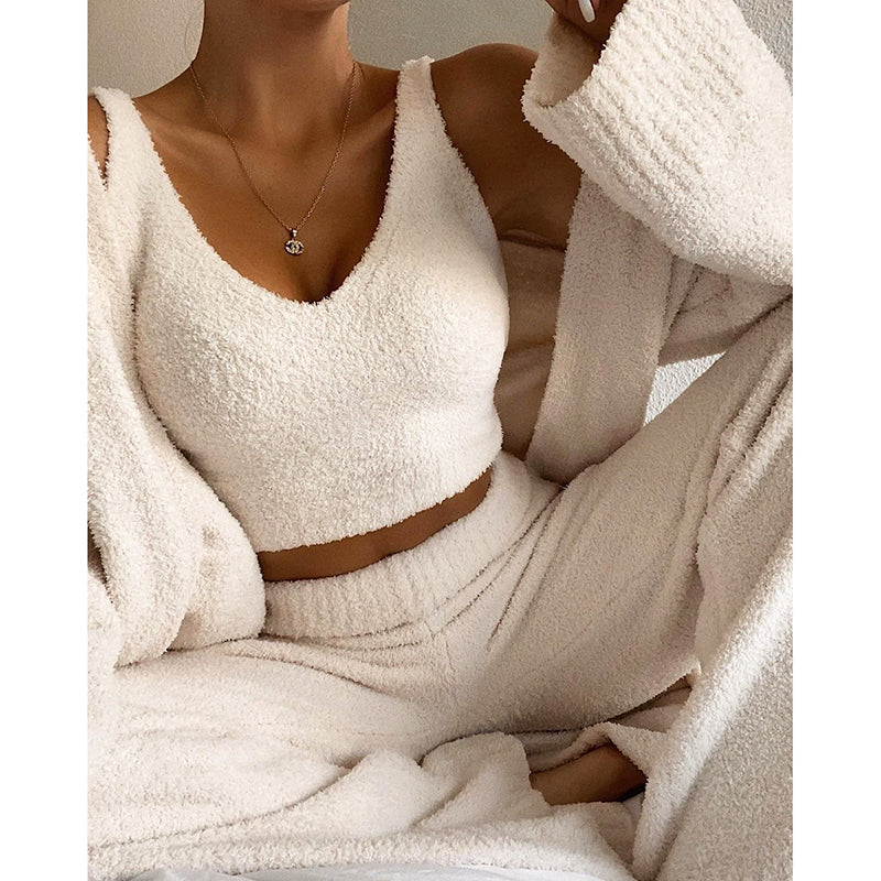 Women’s 2-Piece Fluffy Loungewear Set with Tank Top and Wide-Leg Pants