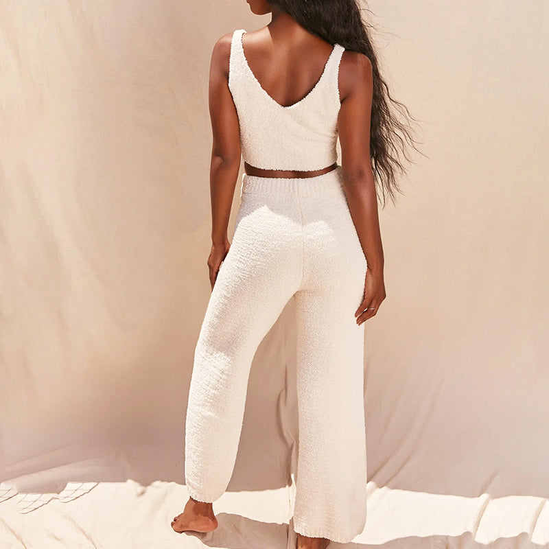 Women’s 2-Piece Fluffy Loungewear Set with Tank Top and Wide-Leg Pants