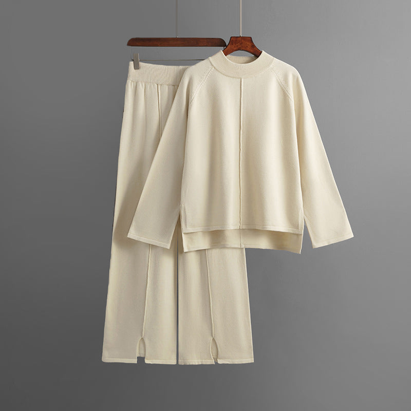 Women’s 2-Piece Knit Set with Asymmetrical Sweater and Wide-Leg Pants