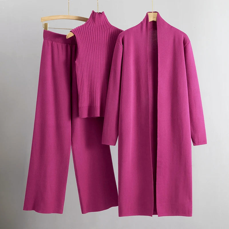 Women’s Coordinated Knit Set with Cardigan, Tank Top and Pants