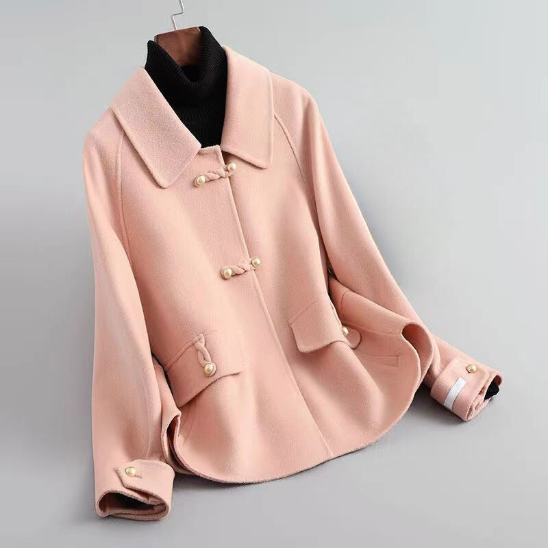 Women’s Double-Sided Short Wool Coat with Pearl Buttons