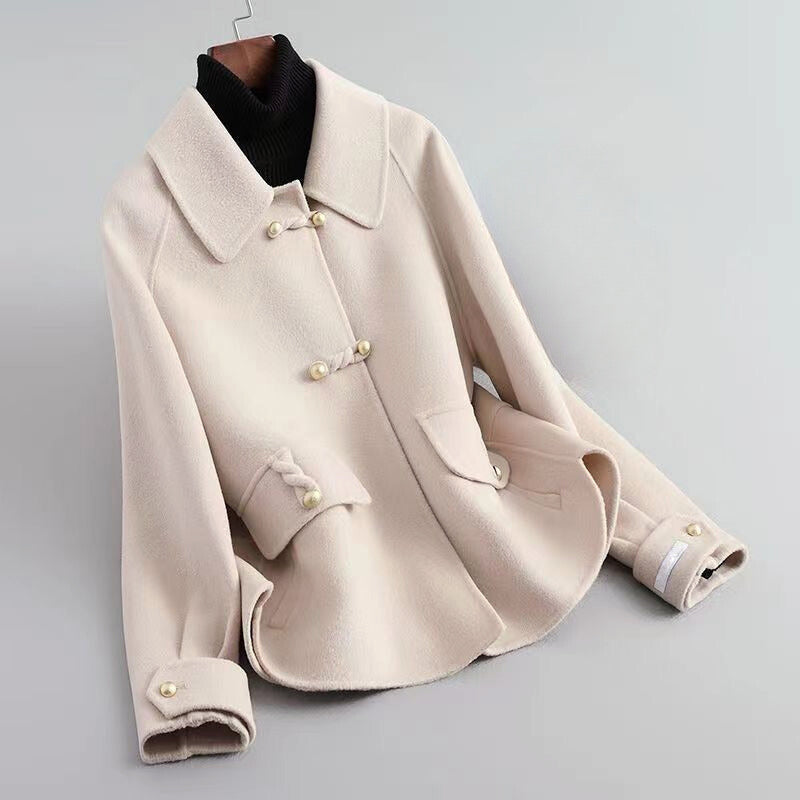 Women’s Double-Sided Short Wool Coat with Pearl Buttons