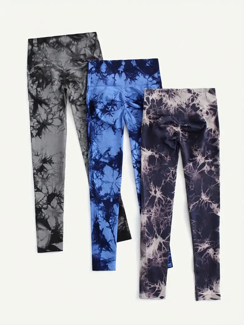 3pcs Vibrant Tie Dye High Waist Sports Leggings - Ultra-Comfortable, Sweat-Wicking, Four-Way Stretch Fitness Pants for Women - Wide Waistband, Yoga, Running, Workout, Activewear Essentials