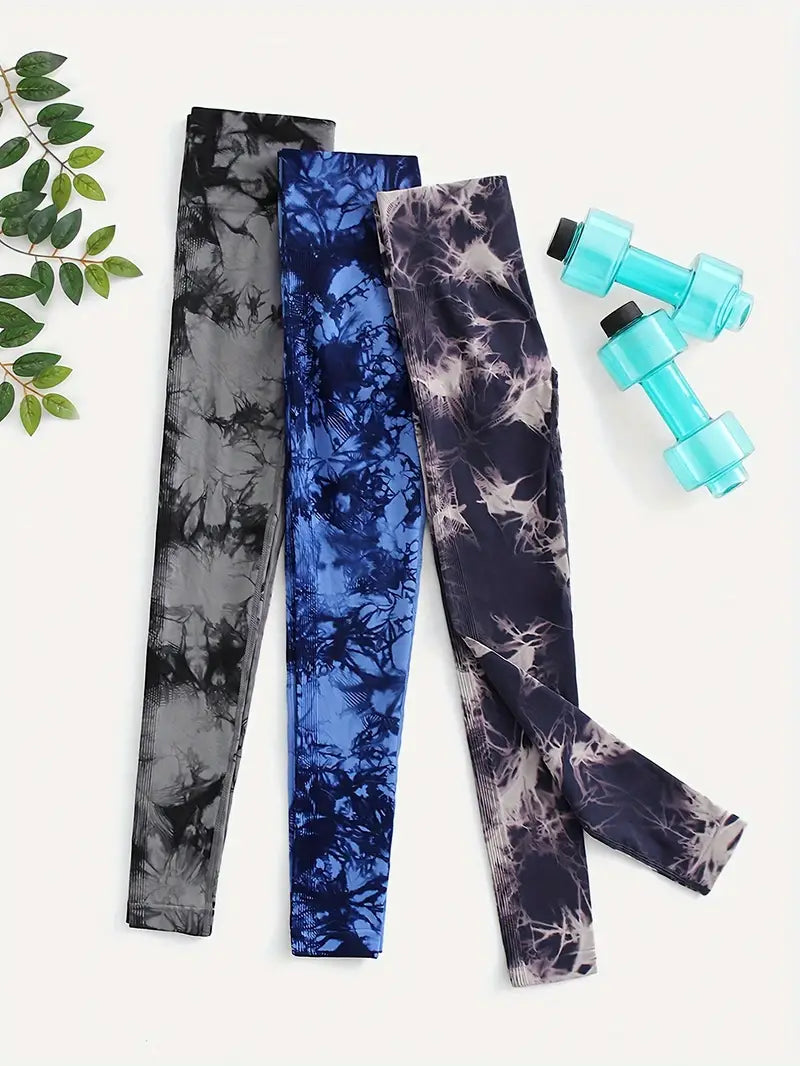 3pcs Vibrant Tie Dye High Waist Sports Leggings - Ultra-Comfortable, Sweat-Wicking, Four-Way Stretch Fitness Pants for Women - Wide Waistband, Yoga, Running, Workout, Activewear Essentials