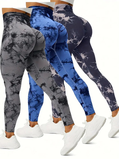 3pcs Vibrant Tie Dye High Waist Sports Leggings - Ultra-Comfortable, Sweat-Wicking, Four-Way Stretch Fitness Pants for Women - Wide Waistband, Yoga, Running, Workout, Activewear Essentials