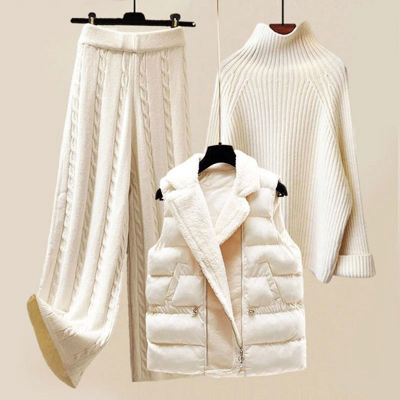 3-Piece Set with Sweater, Knit Pants and Puffer Vest for Women