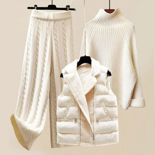 3-Piece Set with Sweater, Knit Pants and Puffer Vest for Women
