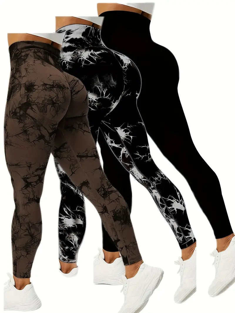 3pcs Vibrant Tie Dye High Waist Sports Leggings - Ultra-Comfortable, Sweat-Wicking, Four-Way Stretch Fitness Pants for Women - Wide Waistband, Yoga, Running, Workout, Activewear Essentials