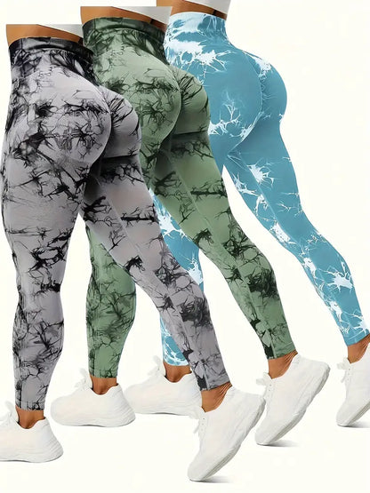 3pcs Vibrant Tie Dye High Waist Sports Leggings - Ultra-Comfortable, Sweat-Wicking, Four-Way Stretch Fitness Pants for Women - Wide Waistband, Yoga, Running, Workout, Activewear Essentials