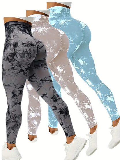 3pcs Vibrant Tie Dye High Waist Sports Leggings - Ultra-Comfortable, Sweat-Wicking, Four-Way Stretch Fitness Pants for Women - Wide Waistband, Yoga, Running, Workout, Activewear Essentials