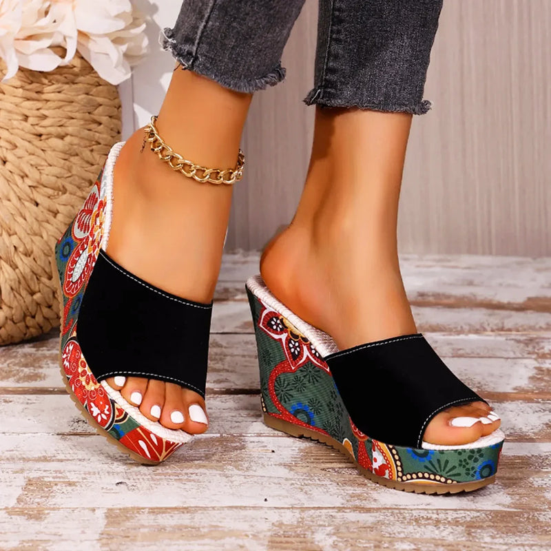 Amelie Fleur Boho Velvet Wedge Sandals