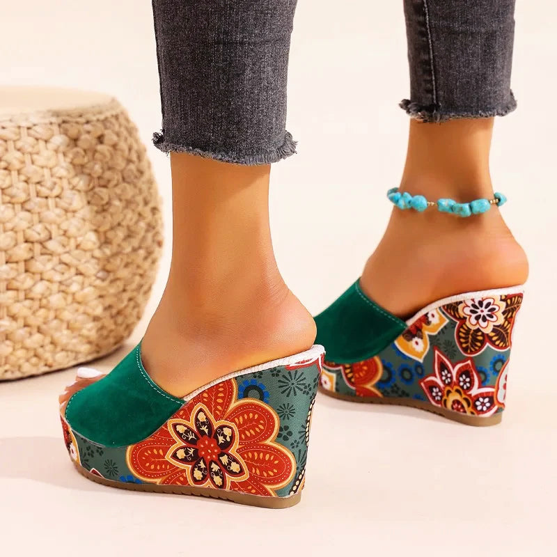 Amelie Fleur Boho Velvet Wedge Sandals
