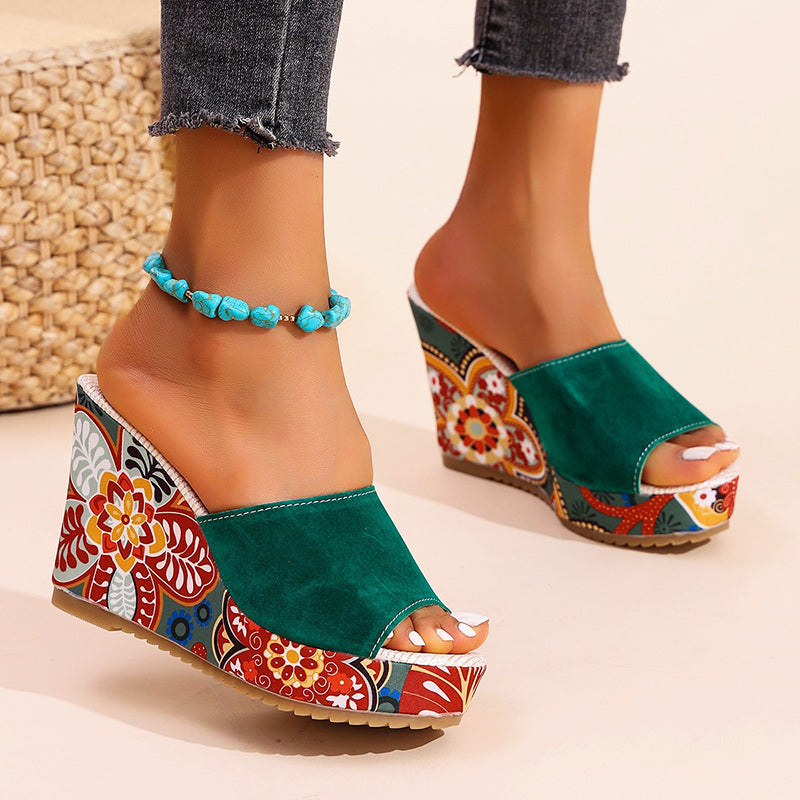 Amelie Fleur Boho Velvet Wedge Sandals
