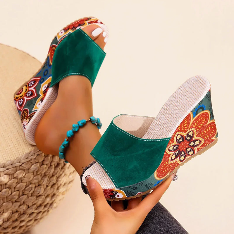 Amelie Fleur Boho Velvet Wedge Sandals
