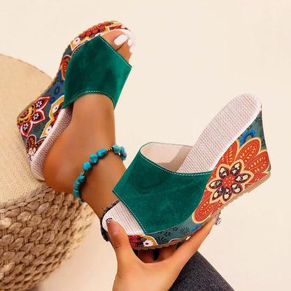 Amelie Fleur Boho Velvet Wedge Sandals