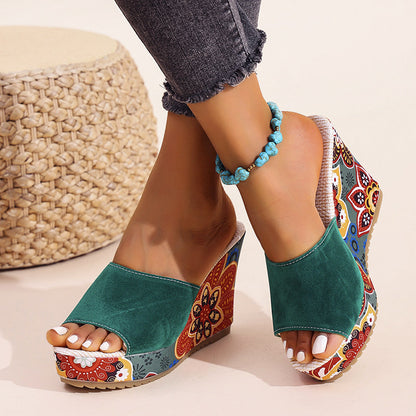 Amelie Fleur Boho Velvet Wedge Sandals