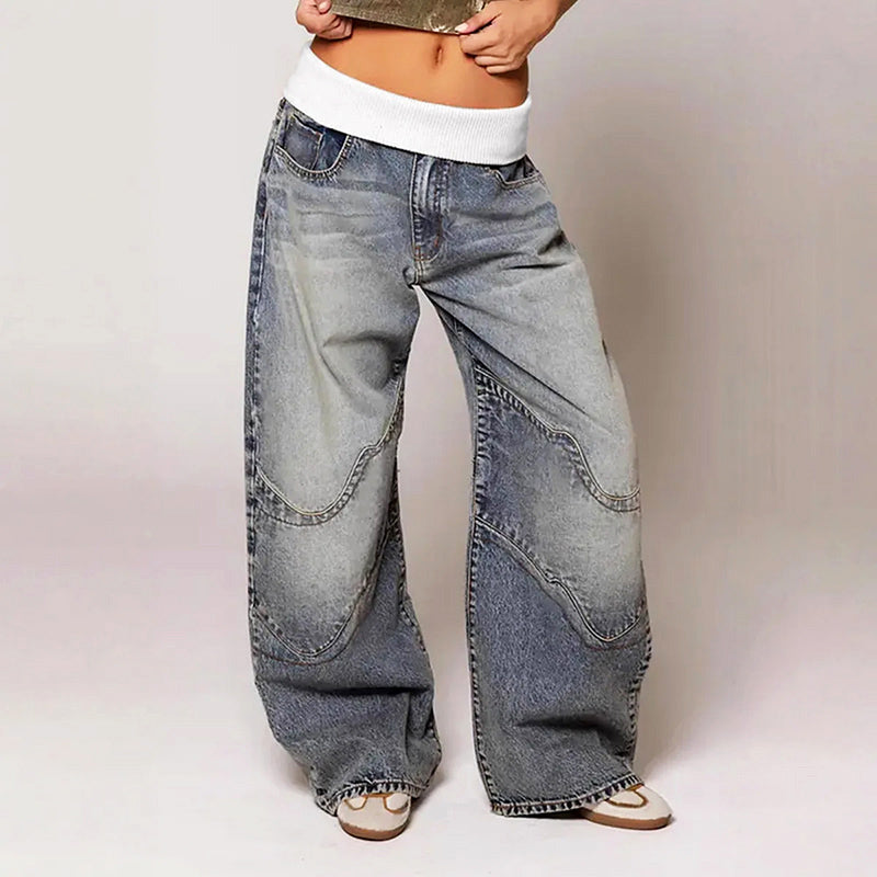 Amelie Fleur Contrast Waist Wide Jeans