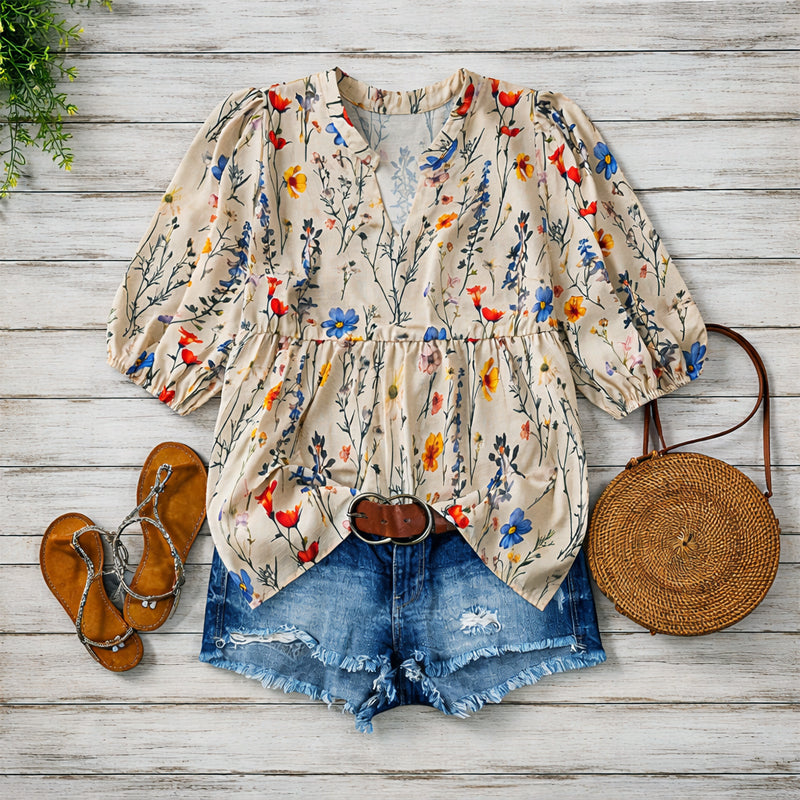 Amelie Fleur Floral Bubble Sleeve Blouse