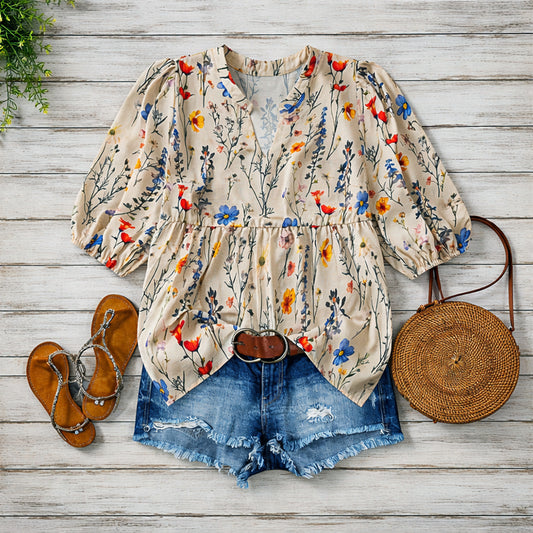 Amelie Fleur Floral Bubble Sleeve Blouse