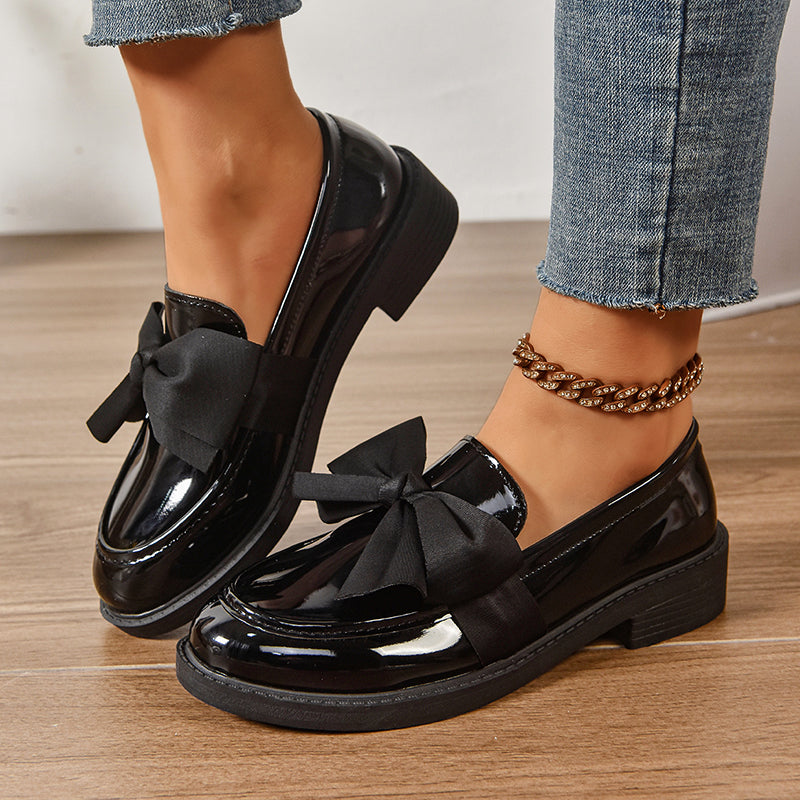 Amelie Fleur Glossy Loafers with Bow Detail