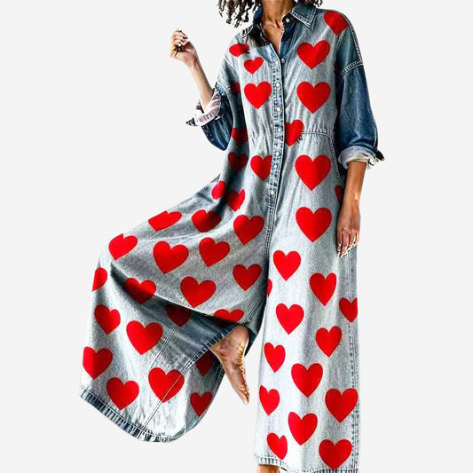 Amelie Fleur Heart Print Denim Jumpsuit