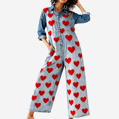 Amelie Fleur Heart Print Denim Jumpsuit