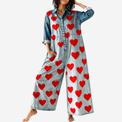 Amelie Fleur Heart Print Denim Jumpsuit