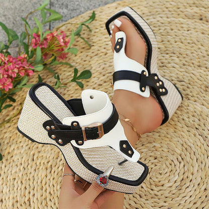Amelie Fleur Wedge Sandals with Buckle Detail