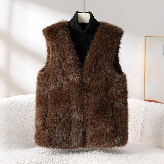 Amelie Fleur Faux Fur Vest with V-Neckline