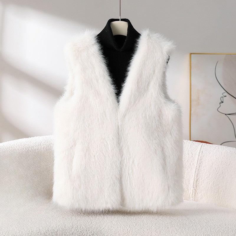 Amelie Fleur Faux Fur Vest with V-Neckline