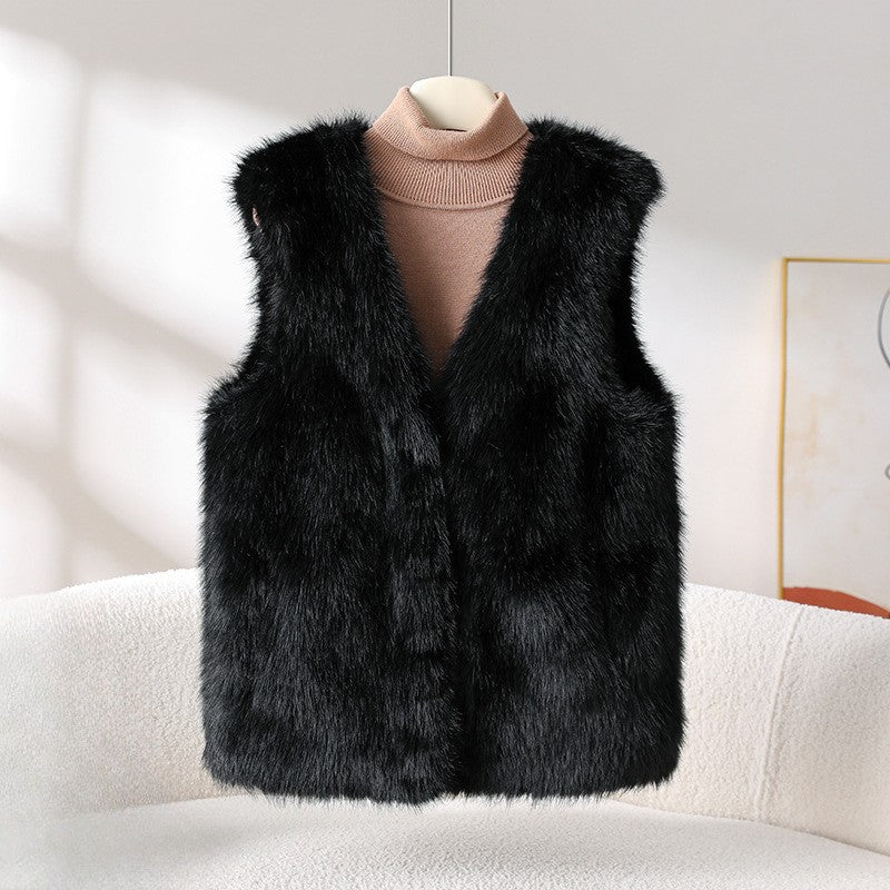 Amelie Fleur Faux Fur Vest with V-Neckline