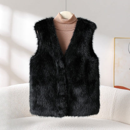 Amelie Fleur Faux Fur Vest with V-Neckline