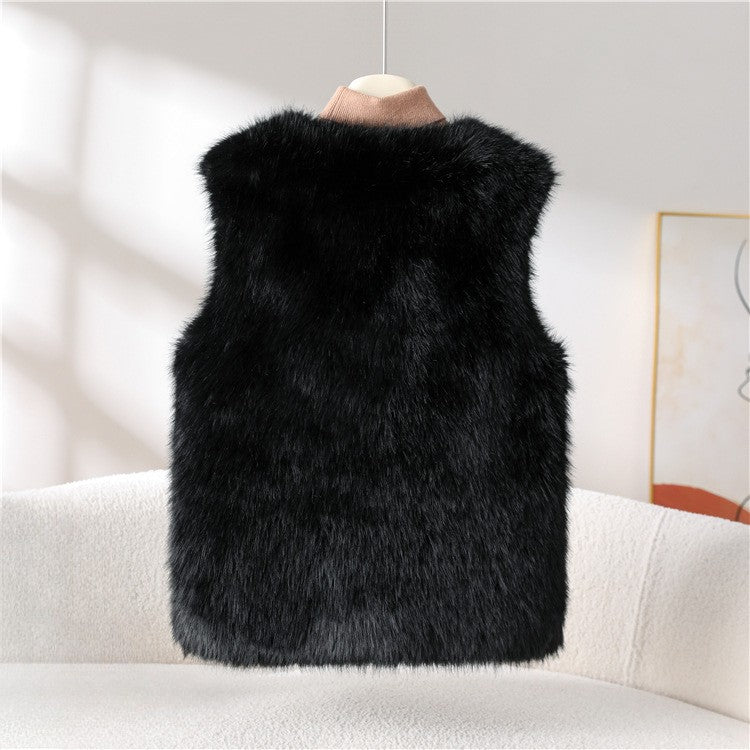 Amelie Fleur Faux Fur Vest with V-Neckline