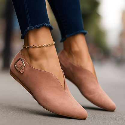 Camille Martin Pointed Suede Flats with Buckle Strap