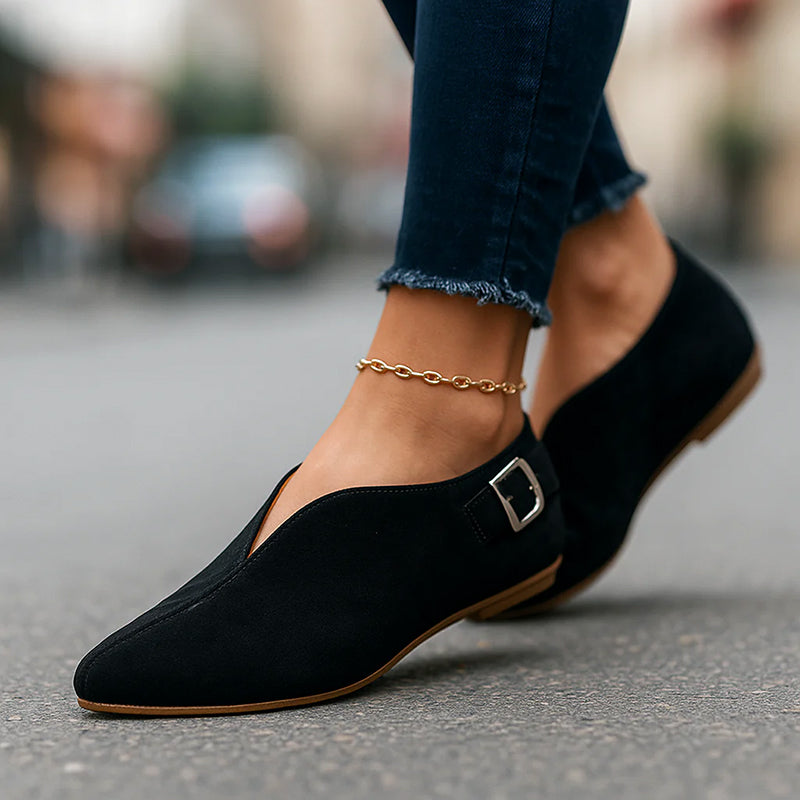 Camille Martin Pointed Suede Flats with Buckle Strap