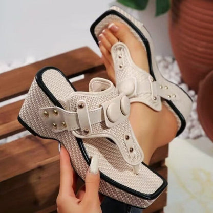 Camille Martin Platform Sandals with Button Accents