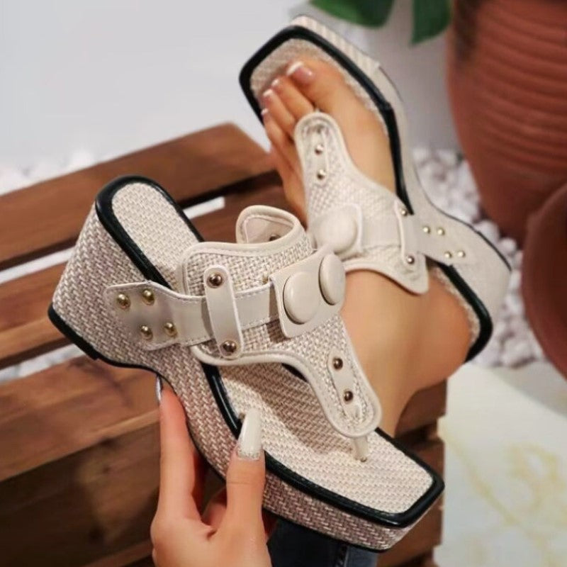 Camille Martin Platform Sandals with Button Accents