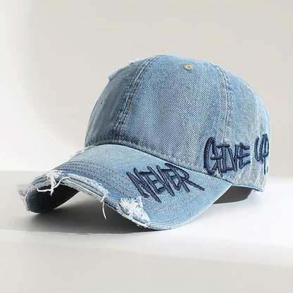 Casual Denim Cap with “Never Give Up” Embroidery