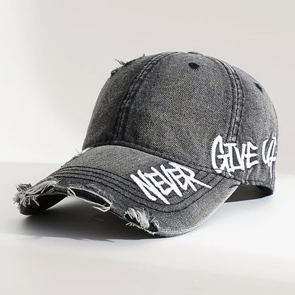 Casual Denim Cap with “Never Give Up” Embroidery