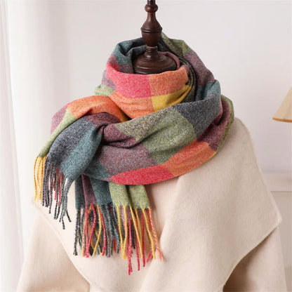 Colorful Plaid Scarf with Fringe Ends